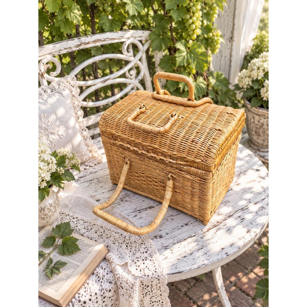 Vintage Wicker Basket with Lid & Handles – Rattan Storage Picnic Decor Prop